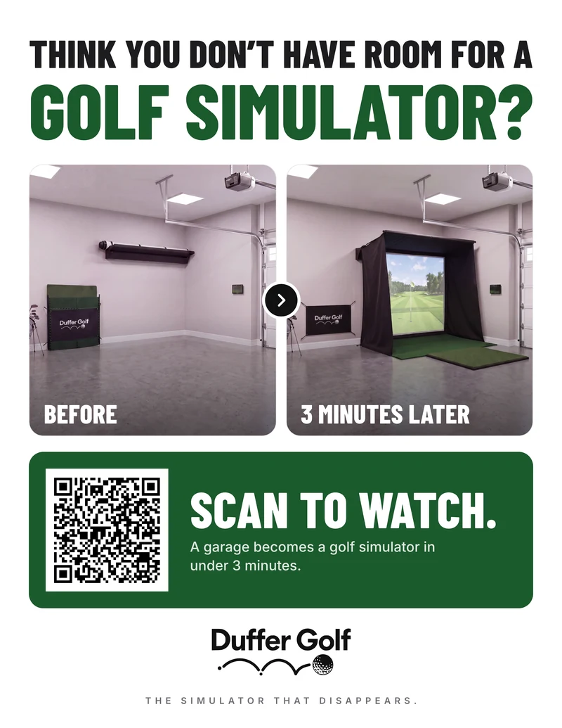 The Duffer Golf counter display: before and after photos of a garage becoming a golf simulator, and a QR code. Scanning a display's QR links it to your business.